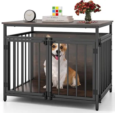Produktbild von Hundekäfig Möbel, Hundebox für zuhause mit DREI Türen, Hundegitterbox Holz Indoor für kleine & mittelgroße Hunde, Beistelltisch aus Holz & Metall, 80 x 60 x 64 cm