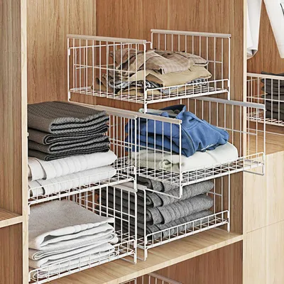 Image de Organisateur de placard en 3 pièces, bacs de rangement empilables, organiseurs de tiroirs, organiseurs de placard en métal, système de rangement pliable pour la maison, blanc