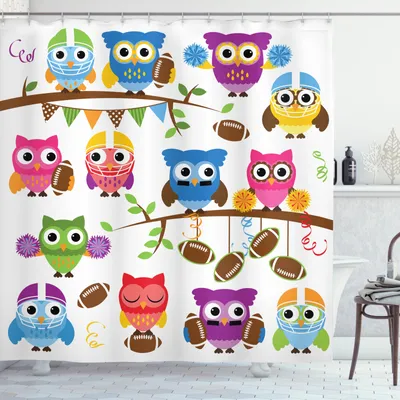 Produktbild von ABAKUHAUS Eulen Duschvorhang, Cheerleader League Team, Digital auf Stoff Bedruckt inkl.12 Haken Farbfest Wasser Bakterie Resistent, 175 x 180 cm, Multicolor