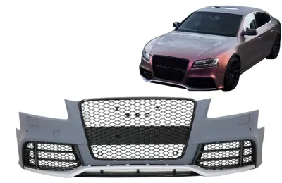 Zdjęcie produktu dla Zderzak przedni do Audi A5 8T Pre Facelift 2007-2011 RS5 Look z kratką o strukturze plastra miodu.