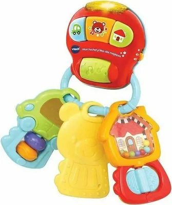 A VTech baby rattle shaped like keys, with colorful plastic components and buttons that light up.