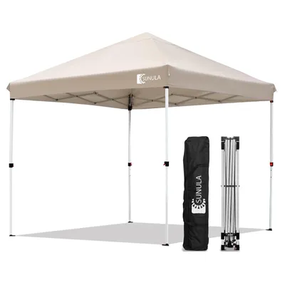 A pop-up canopy tent is shown set up, with a folded tent and a carrying bag next to it.