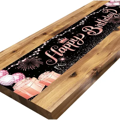 Immagine prodotto di Tovaglia decorativa per compleanno, colore nero e oro, scritta "Buon Compleanno", dimensioni 180 x 40 cm
