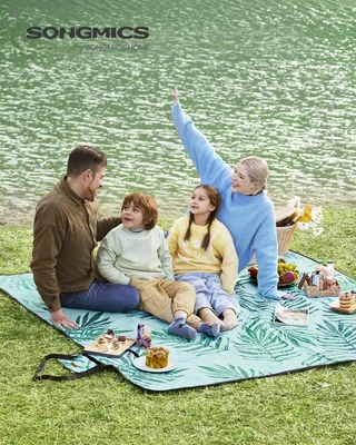 Obrázek produktu pro Pikniková deka SONGMICS, 200 x 200 cm, nepromokavá, lze prát v pračce, světle modrá s tropickými kapradinami
