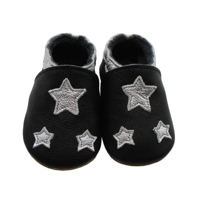 Produktbild von MEJALE® Baby Krabbelschuhe aus Echtleder, weiche Lauflernschuhe für Mädchen&Jungen, rutschfeste Ledersohle,Schwarz,silbernem Stern,Größe S(0–6 Monate)