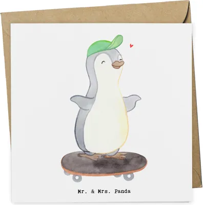 Produktbild von Mr. & Mrs. Panda Glückwunschkarte Pinguin Skateboarden - Weiß - Geschenk, Klappkarte, Skateboard fahren, Grußkarte, Skaten, Skateplatz, doppelkarte, anlasskarte