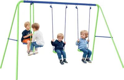 Obrázek produktu pro Zahradní houpačka pro děti - kovová konstrukce - 2 houpačky a kladička - výška nastavitelná - 280x140x178 cm - zelená