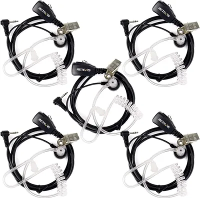 A collection of five walkie-talkie headsets arranged in a grid on a white background.
