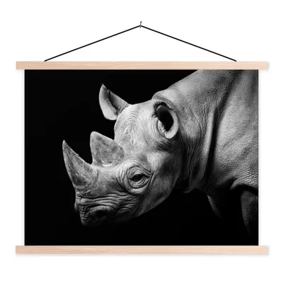 Produktbild von MuchoWow® Textilposter Tiere - Nashorn - Schwarz - Weiß - Porträt 40x30 cm mit holzfarbenen Rahmen - Bilder