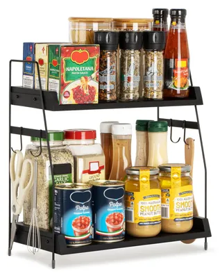 Produktbild von Küchenregal, 2-stöckiger Kaffeeorganizer, Aufbewahrungsregal aus Holz mit Haken, Gewürzregal, Küchenschrank-Organizer – Schwarz