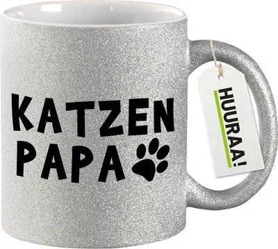 Produktbild von Huuraa Glitzertasse Katzenpapa Tapse 330ml Silber Keramik Kaffeebecher Geschenkidee