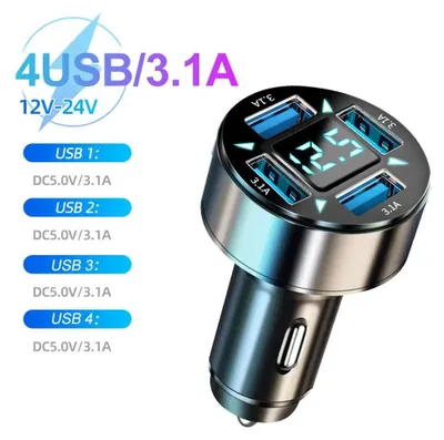 Zdjęcie produktu dla Ładowarka samochodowa USB - adapter z 4 portami zapalniczkami - szybkie ładowanie USB PD i QC3.0 - rozdzielacz zapalniczek - moc 66-250 W - cyfrowy wskaźnik napięcia 12 V