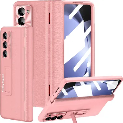 Produktbild von Handyhülle für Samsung Galaxy Z Fold 6 Leder Hülle mit Scharnierschutz, integriertem Glas Displayschutz und Ständer Pink