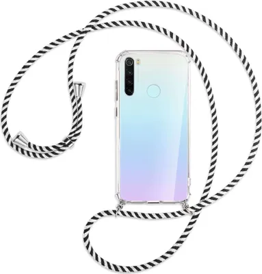 Produktbild von Handykette Backcover-Schutzhülle mit Band (Metall silberfarben) für Xiaomi Redmi Note 8 - schwarz/weiß gestreift