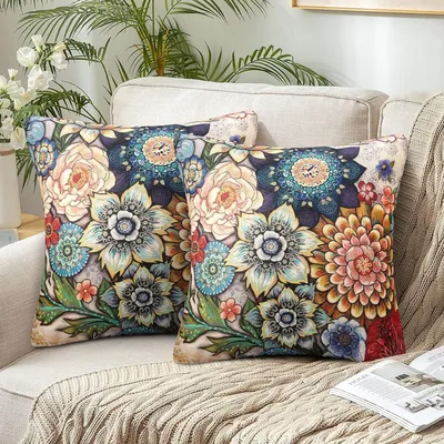 Productafbeelding van 2 stuks kussenhoezen, 45x45 cm, boho-stijl, mandala- en bloemenmotief, blauw en mosterdgeel