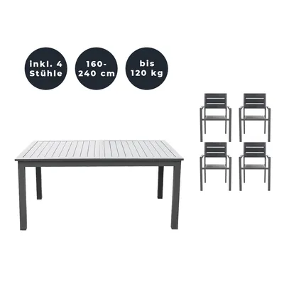 Image de HOME DELUXE - Table de jardin extensible - CASA - env. 160 (240) x 100 x 74 cm - avec 4 chaises, piètement et plateau en aluminium - accessoires inclus I Mobilier de jardin Table extensible Ensemble pour balcon