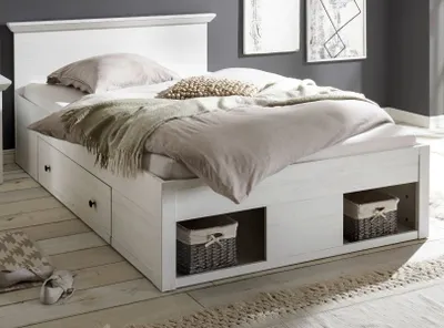 Produktbild von Bett "Hooge" in Pinie weiß Landhaus Stauraumbett mit 2x Bettschubkasten Liegefläche 140 x 200 cm