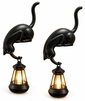 Produktbild von Katzenfigur Lampe 2er Set, dekorative Buchregal Lampe mit Hängelaterne, schwarze Katze als Dekofigur für Regal, Tisch und Wohnbereich