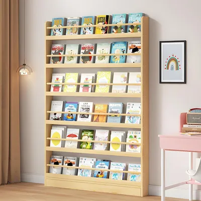 Image de Étagère murale pour livres pour enfants, dimensions 120x10x178 cm, couleur bois naturel, en bois massif