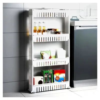Produktbild von 3/4-stöckiger Aufbewahrungswagen, Küchenregal, schmales Regal mit Rollen, Kunststoffstruktur, Badezimmer, 54,5 x 12,5 x 102 cm, Weiß