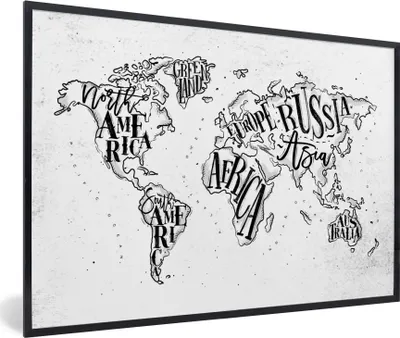 Produktbild von MuchoWow® MuchoWow® Gerahmtes Poster Weltkarte - Weiß - Schwarz 30x20 cm - Poster mit zchwarzem Bilderrahmen - Kunstdruck - Bild-Poster