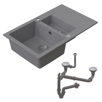 Produktbild von HOMEVELLO Spülbecken DIGNUM 1,5 Becken Granitspüle 79x49x20cm Grau, Hochwertige Küchenspüle mit Siphon, Abtropffläche, Pflegeleicht, Kratzfest, Moderne Design, Perfekt für jede Küche