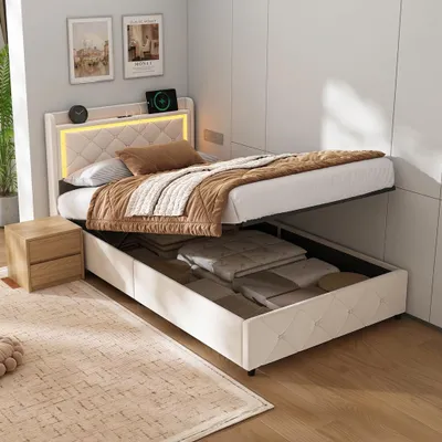 Produktbild von INONEFT Kinderbett Polsterbett 90x200cm mit LED und USB, Jugendbett Einzelbett mit Lattenrost und Stauraum, Hydraulisches Stauraumbett, Samt, Beige