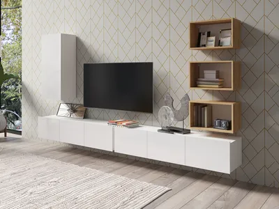 Produktbild von Wohnwand CALABRINI-36 Wohnzimmer-Set Hängewohnwand Schrankwand Schrank TV-Schrank Moderne Anbauwand Hochglanz (Weiß / Goldene Eiche)