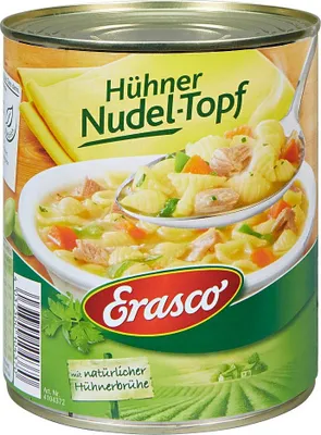 A can of Erasco Hühner Nudel-Topf soup is shown against a background that includes a depiction of a farm field.