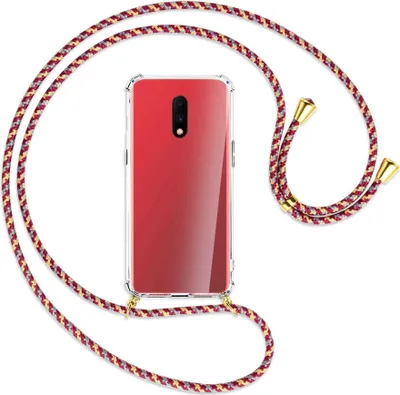 Produktbild von Handykette Backcover-Schutzhülle mit Band (Metall goldfarben) für OnePlus 7 - weinrot/gelb/grau