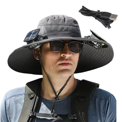 Produktbild von Sonnenhut mit Ventilator,Outdoor Solar Sonnenenergie Hut Kappe,Wide Brim Solar Fan Outdoor Fishing Hat Solar & USB Charging Einstellbare Windrichtung Wiederaufladbarer Hut mit Ventilator,Dunkelgrau