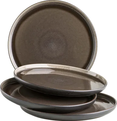 A stack of four dessert plates with a speckled brown and gray glaze.