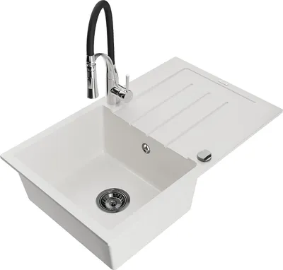 Immagine prodotto di Mexen Bruno lavello in granito a 1 vasca con scolapiatti e rubinetto da cucina Aster, bianco - 6513-20-73450-07-B