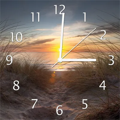 Produktbild von Wallario Design Wanduhr Sonnenuntergang am Strand aus Echtglas, Größe 30 x 30 cm