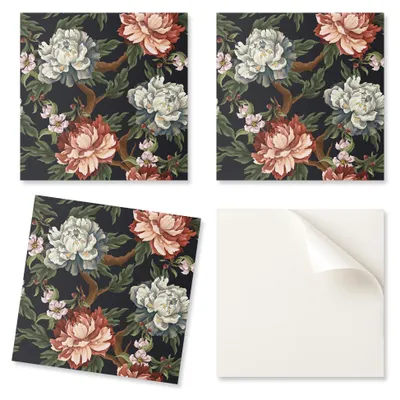 Imagen del producto de Azulejos adhesivos para pared, diseño floral sobre fondo, 4 unidades, 50 x 50 cm cada uno