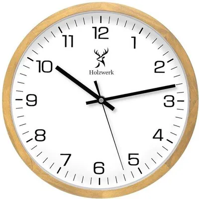 Produktbild von Holzuhren aus massivem Naturholz Vintage Stil Wanduhr ohne tickende Geräusche 30 cm Beukenholz in Braun und Weiß