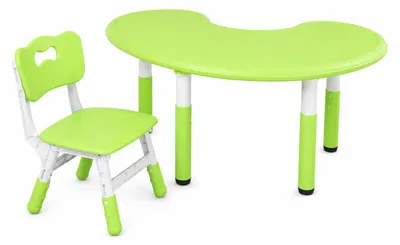 Obrázok produktu pre Detský stôl so stoličkou s nastaviteľnou výškou 43–51 cm – 120 x 65 cm, polmesiacový stôl zo zeleného plastu – multifunkčný detský písací stôl pre chlapcov a dievčatá vo veku 2–10 rokov
