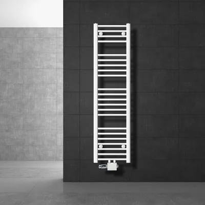 Obrázek produktu pro LuxeBath koupelnový radiátor středové připojení 300 x 1400 mm bílý rovný s termostatem a připojovací sadou Univerzální rohový a přímý, bez topného tělesa
