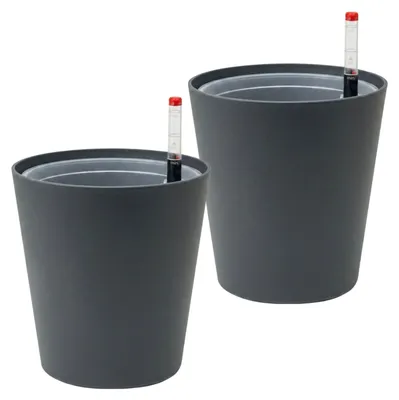 Produktbild von Leni FLORI orchid Orchideentöpfe 2er Komplett-Set Ø 13 cm H 15 cm Anthrazit mit Übertopf Innentopf Drainagescheibe und Gießanzeiger Kunststoff zum Umtopfen für Orchideen