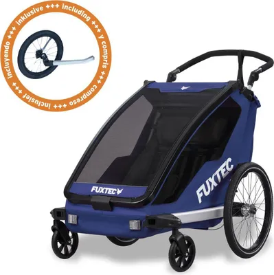 Produktbild von FUXTEC Fahrradanhänger/Jogger FX-FA1-SET-BLAU -  inklusive Jogger-Rad | Buggyfunktion |Faltbar | 5-Punkt-Gurtsystem | Insektennetz
