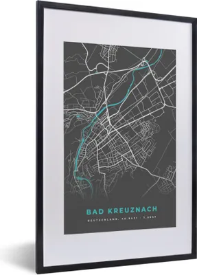Produktbild von MuchoWow® Gerahmtes Poster Bad Kreuznach - Stadtplan - Blau - Karte - Deutschland 40x60 cm - Poster mit Schwarzem Bilderrahmen Wandposter Rahmen Foto Bilder - Poster in Rahmen