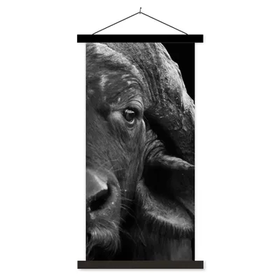 Produktbild von MuchoWow® Textilposter Büffel - Tiere - Schwarz - Weiß 60x120 cm mit schwarzem Rahmen - Magnete
