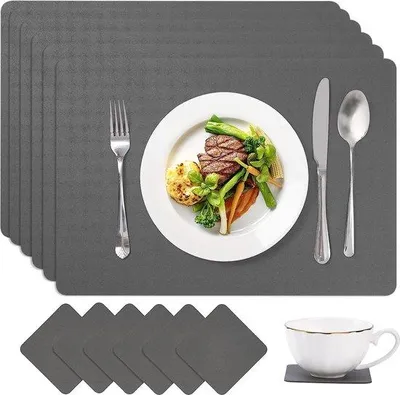 Obrázok produktu pre Unyqoos® podtály, 6-dielna sada, z umelého koženého materiáluPolyuretán– umývateľné podtály, 43 x 30 cm + podložky pod poháre, 10 x 10 cm, čierna farba, obojstranné použitie
