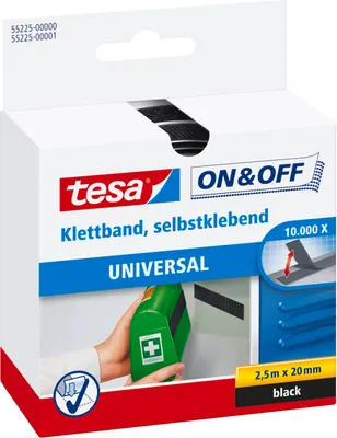 Produktbild von tesa On & Off selbstklebendes Klettband, schwarz, 2,5m x 20mm