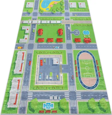 Produktbild von BAMBINO 2624 Waschteppich Stadt, Straßen für Kinder Anti-Rutsch - grün / grau  Grün 160x220 cm