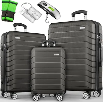 Produktbild von tillvex® Reisekoffer Set 3-TLG. + Gepäckwaage, 6X Koffergurte & 3X Kofferanhänger | Kofferset 4 Rollen | Trolley Gepäck Koffer TSA Schloss | Rollkoffer Hartschalenkofferset S-M-L-XL (Anthrazit)