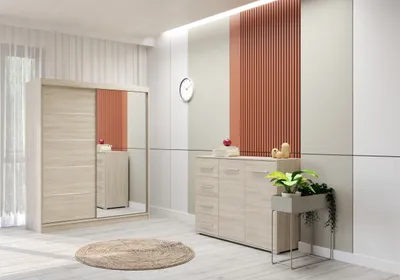A modern bedroom set featuring a large sliding door wardrobe with a mirrored panel and a matching dresser with drawers, placed in a well-lit room with decorative wall paneling and a plant stand.