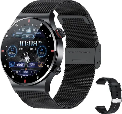 A smartwatch with a black Milanese steel strap and a black silicone strap shown separately. The smartwatch display shows various health and time-related information.