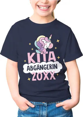 Produktbild von Kinder T-Shirt Mädchen Kita Abgängerin personalisiert mit Jahreszahl Einhorn Geschenk zur Einschulung Schulanfang Moonworks® navy 122-128 (7-8 Jahre)