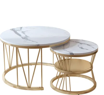 Immagine prodotto di Tavolini da caffè rotondi - Piano in marmo bianco con struttura a V in metallo dorato - Eleganza moderna per il soggiorno